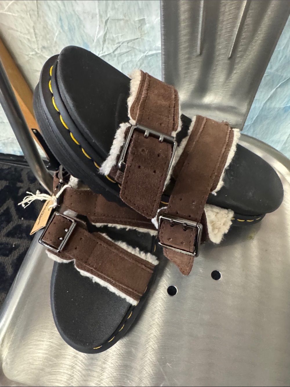 Dr. Martens Brown Suede Shearling Buckle Sandals with Black Footbed - Picture 6 of 8